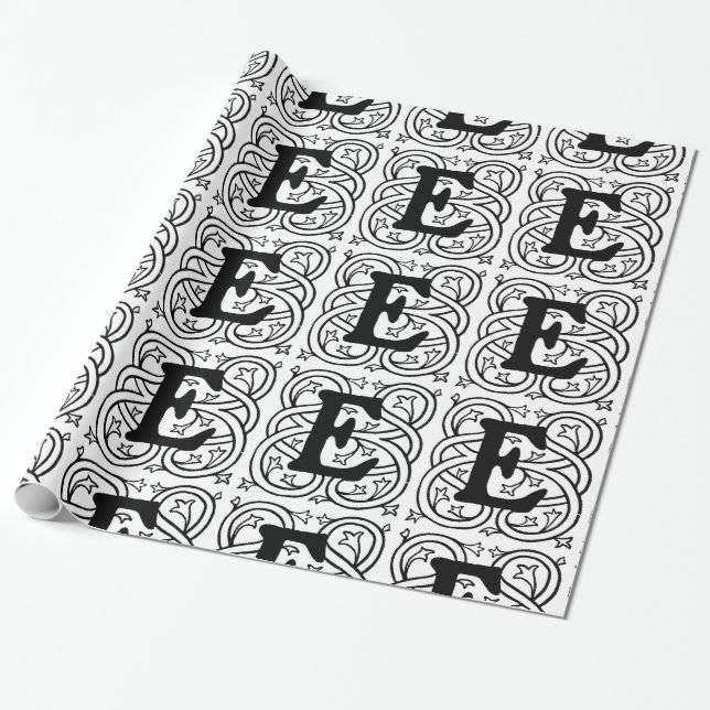 Monogram E Initial Black and White Scroll Pattern Wrapping Paper (Unrolled)