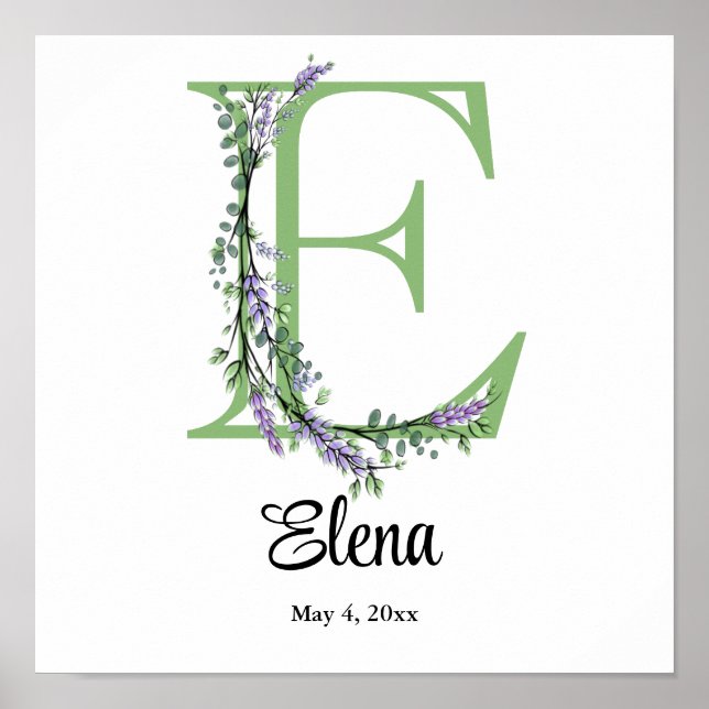 Monogram E Lavender Eucalyptus  Poster (Front)