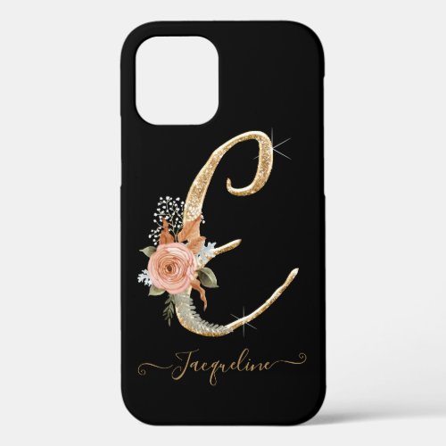 Monogram E Letter Gold Script Pink Floral Black iPhone 12 Case