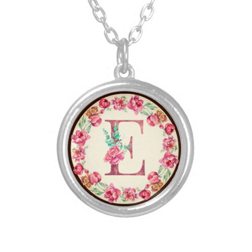 Monogram E Letter with Peony Flower Charm Silver Plated Necklace