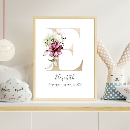 Monogram E Pink White Floral Gold Letter Nursery Poster