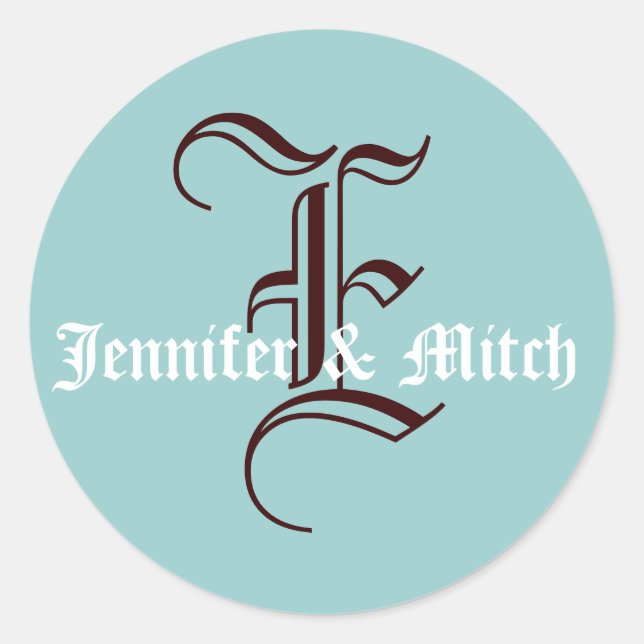 Monogram E Wedding Aqua & Espresso Favor Seal (Front)