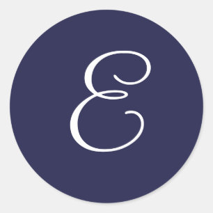 Monogram E, White on Navy Blue, Classic Round Sticker