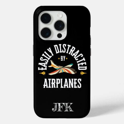 Monogram Easily Distracted By Airplanes Retro iPhone 15 Pro Case