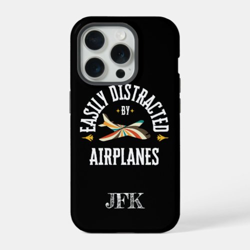 Monogram Easily Distracted By Airplanes Retro iPhone 15 Pro Case