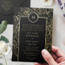 Monogram Editable Black Tuxedo Gold Wreath Wedding Foil Invitation