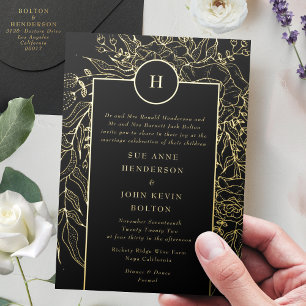 Monogram Editable Black Tuxedo Gold Wreath Wedding Foil Invitation