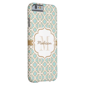 Monogram Eggshell Blue And Gold Quatrefoil Barely There Iphone 6 Case by cutecases at Zazzle