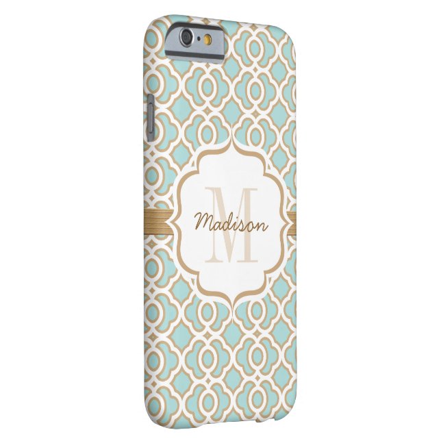 Monogram Eggshell Blue and Gold Quatrefoil Case-Mate iPhone Case (Back/Right)