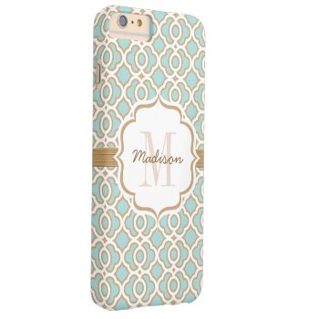 Monogram Eggshell Blue And Gold Quatrefoil Barely There Iphone 6 Plus Case by cutecases at Zazzle
