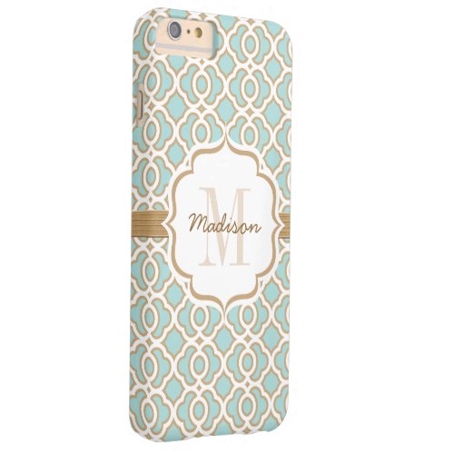 Monogram Eggshell Blue and Gold Quatrefoil Barely There iPhone 6 Plus Case