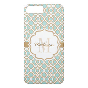 Monogram Eggshell Blue and Gold Quatrefoil iPhone 8 Plus/7 Plus Case