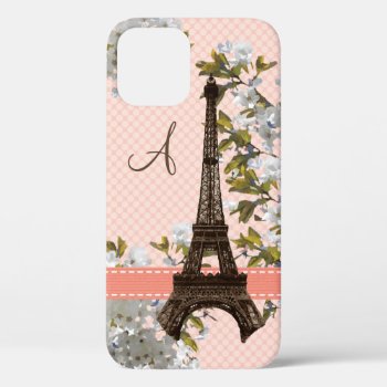 Monogram Eiffel Tower Cherry Blossom Iphone 12 Case by cutecases at Zazzle