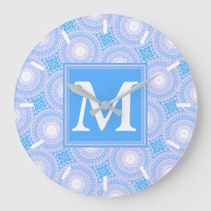 Monogram Electric blue circles pattern Large Clock