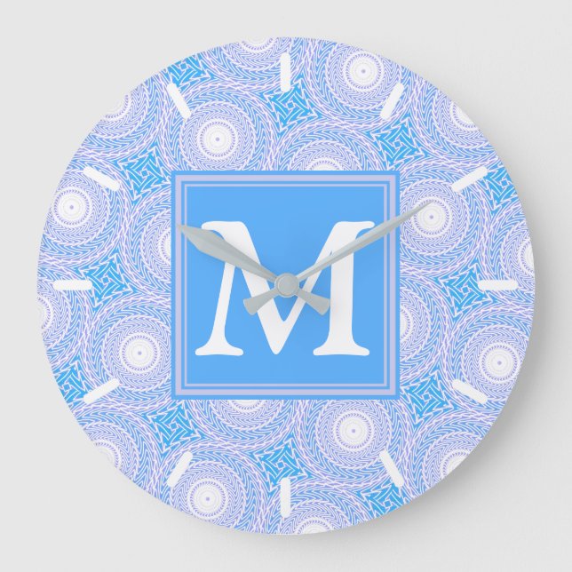 monogram Electric blue circles pattern Large Clock (Front)
