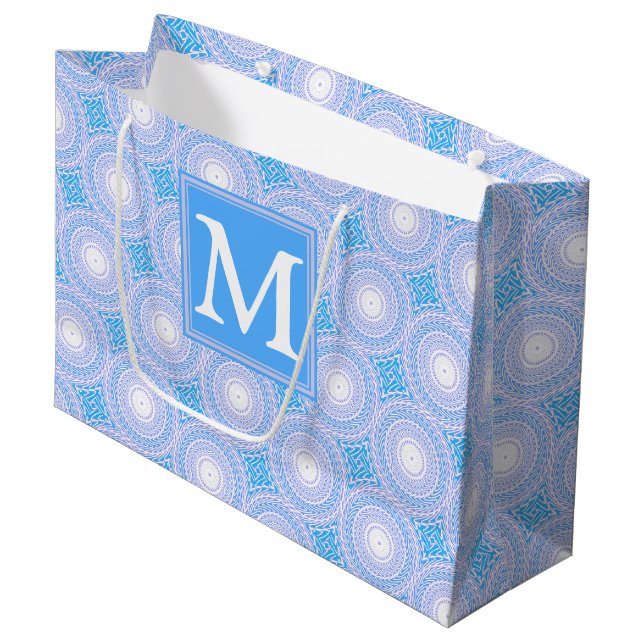Monogram Electric blue circles pattern Large Gift Bag (Front Angled)