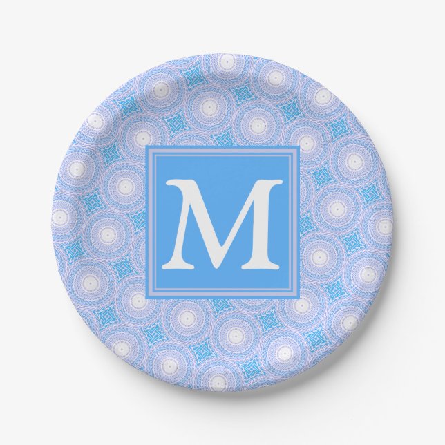 Monogram Electric blue circles pattern Paper Plates (Front)