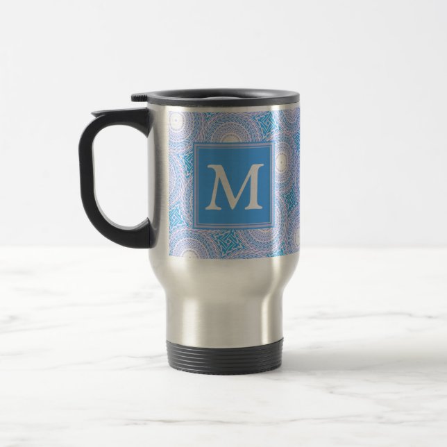 Monogram Electric blue circles pattern Travel Mug (Left)