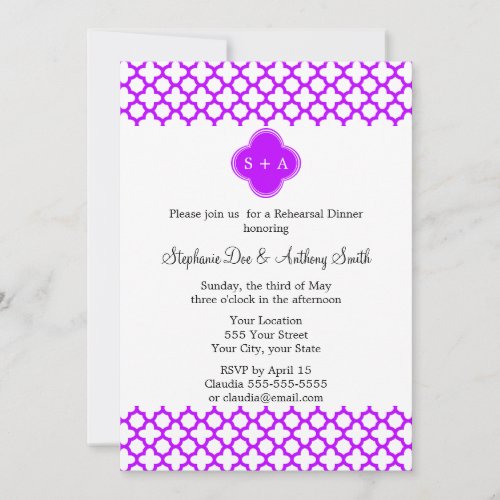 Monogram Electric Purple Quatrefoil Pattern Personalized Announcements