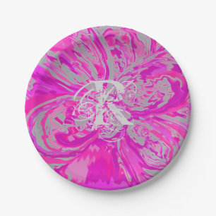Monogram Elegant Abstract Fuchsia Pink Floral Paper Plates