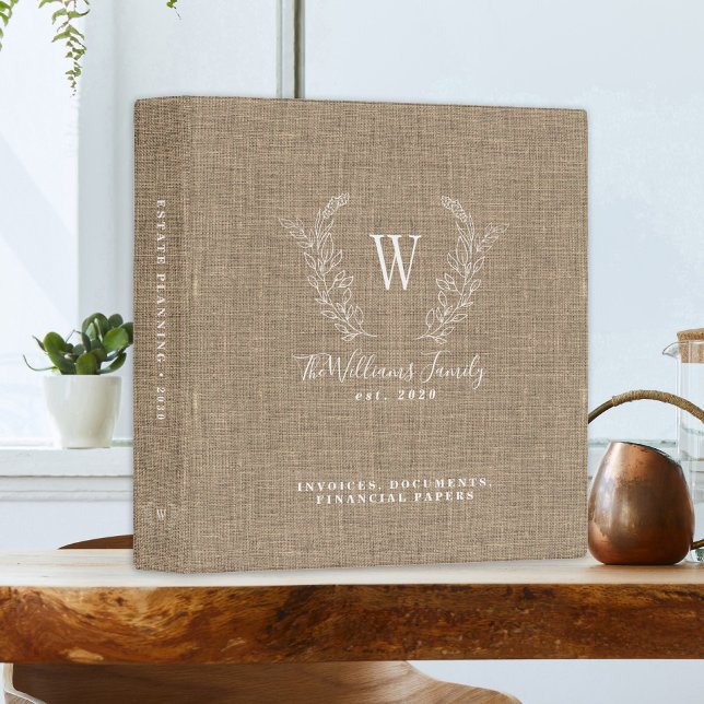 Monogram elegant beige linen estate planning 3 ring binder (Creator Uploaded)