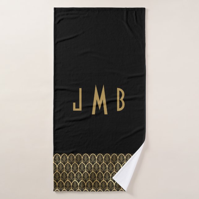 Monogram Elegant Black and Gold Art Deco Gatsby Bath Towel (Bath Towel)
