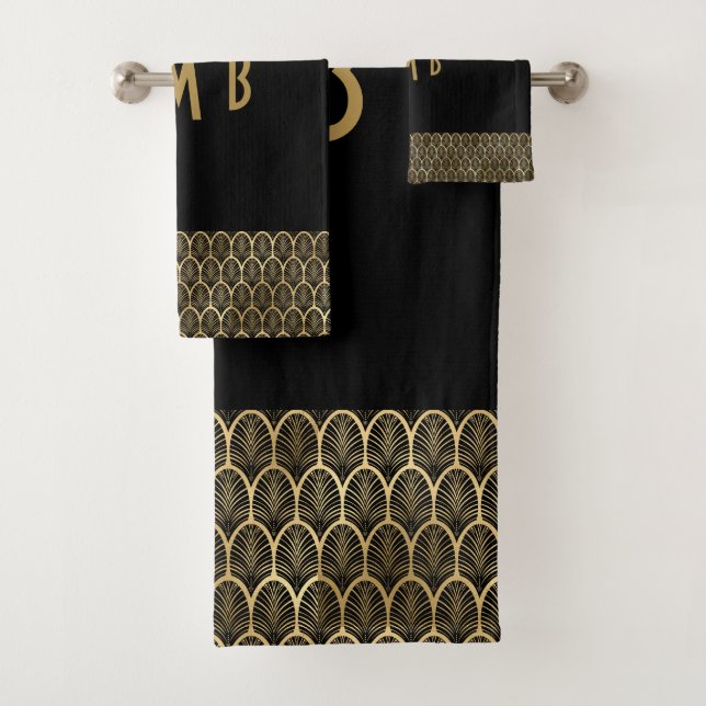 Monogram Elegant Black and Gold Art Deco Gatsby Bath Towel Set (Insitu)