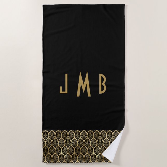 Monogram Elegant Black and Gold Art Deco Gatsby Beach Towel (Front)