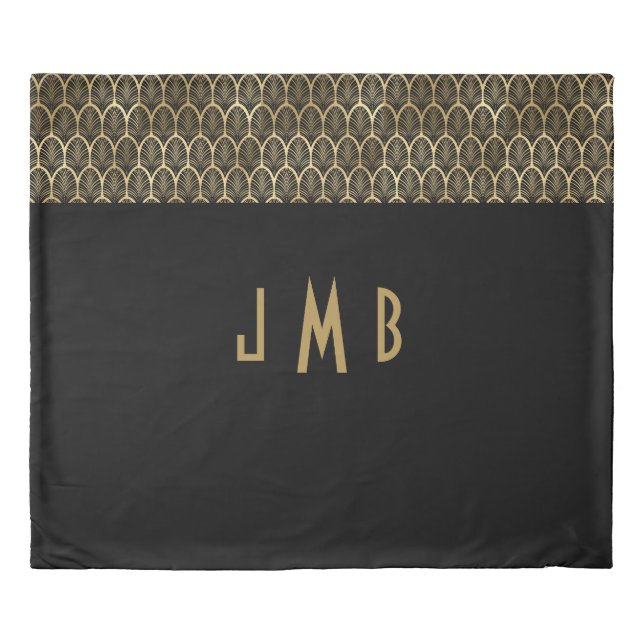 Monogram Elegant Black and Gold Art Deco Gatsby Duvet Cover (Front)