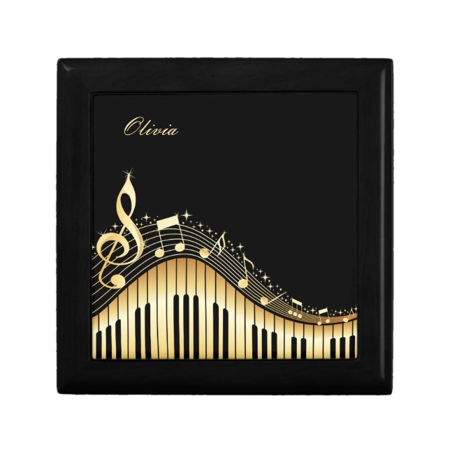 Monogram Elegant Black And Gold Music Notes Design Gift Box (Front)