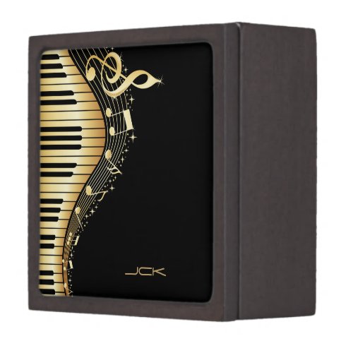 Monogram Elegant Black And Gold Music Notes Design Keepsake Box