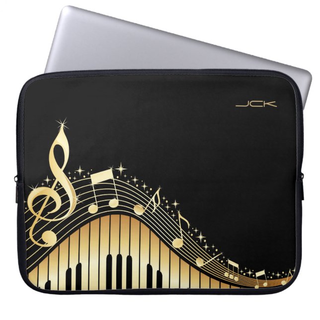 Monogram Elegant Black And Gold Music Notes Design Laptop Sleeve (Front)