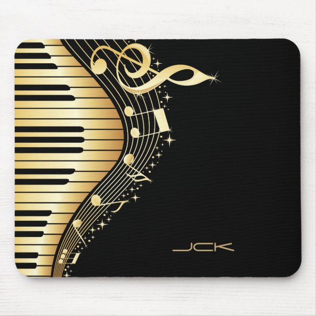 Monogram Elegant Black And Gold Music Notes Design Mouse Pad (Front)
