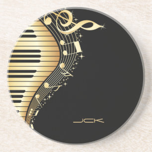 Monogram Elegant Black And Gold Music Notes Design Sandstone Coaster