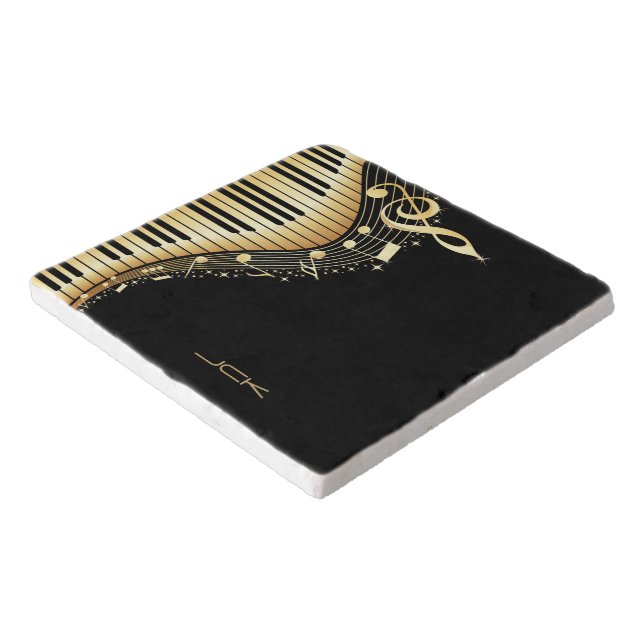 Monogram Elegant Black And Gold Music Notes Design Trivet (Corner)