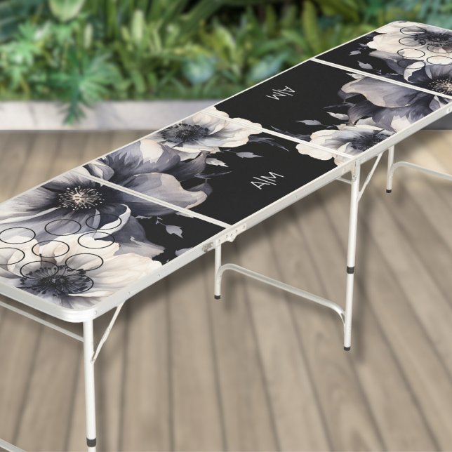 Monogram Elegant Black Beer Pong Table (Chic Elegant Black Floral Wedding Initial Monogram Beer Pong Table)