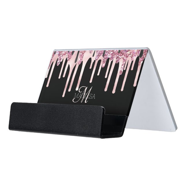 Monogram Elegant Black Dripping Name Script Desk Business Card Holder (Angled Front)