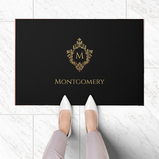 Monogram Elegant Black Faux Gold Crest Family Name Doormat (Creator Uploaded)