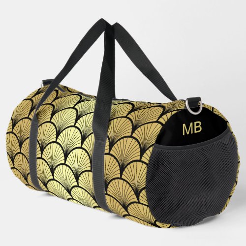 Monogram Elegant Black Gold Art Deco Pattern Duffle Bag