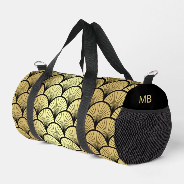 Monogram Elegant Black Gold Art Deco Pattern Duffle Bag (Right Corner)
