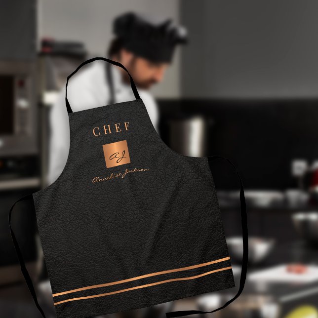 Monogram elegant black gold name script chef apron (Creator Uploaded)