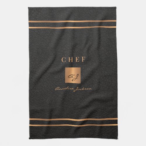 Monogram elegant black gold name script chef kitchen towel