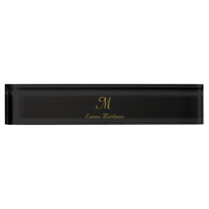 Monogram Elegant Black & Gold Script Name Desk Name Plate