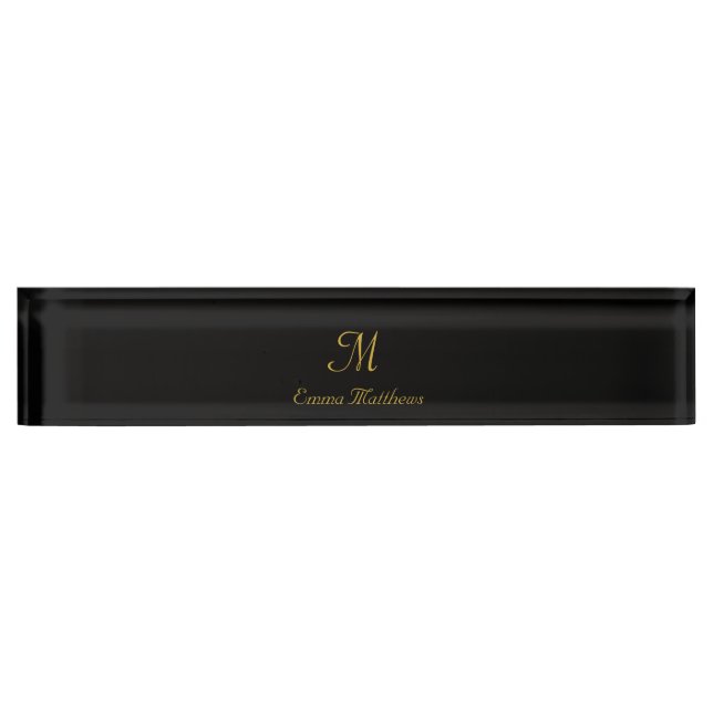 Monogram Elegant Black & Gold Script Name  Desk Name Plate (Front)