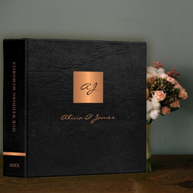 Monogram elegant black gold script wedding album 3 ring binder (Creator Uploaded)