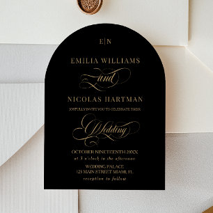 Monogram Elegant Black & Gold Wedding Invitation