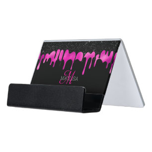 Monogram Elegant Black Hot Pink Dripping Script Desk Business Card Holder