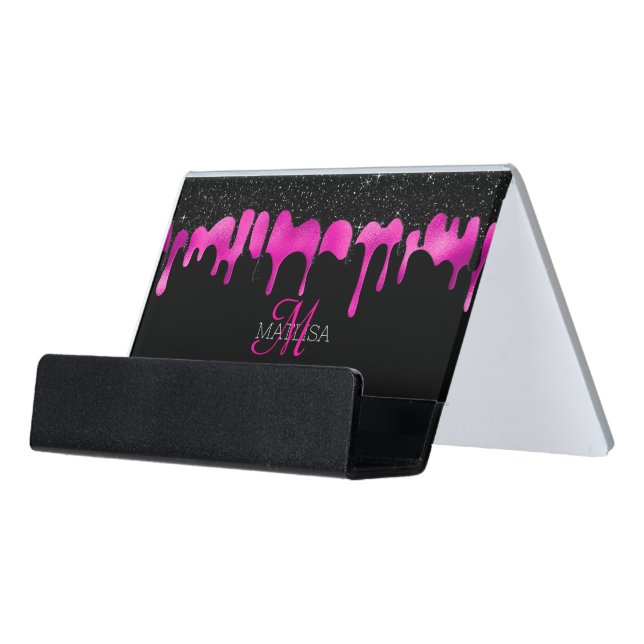 Monogram Elegant Black Hot Pink Dripping Script Desk Business Card Holder (Angled Front)