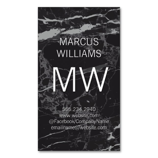 Monogram Elegant Black Marble Business Card Magnet (Front Vertical)