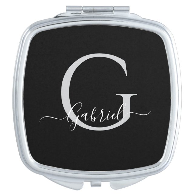 Monogram Elegant Black Silver  Modern  Compact Mirror (Front)